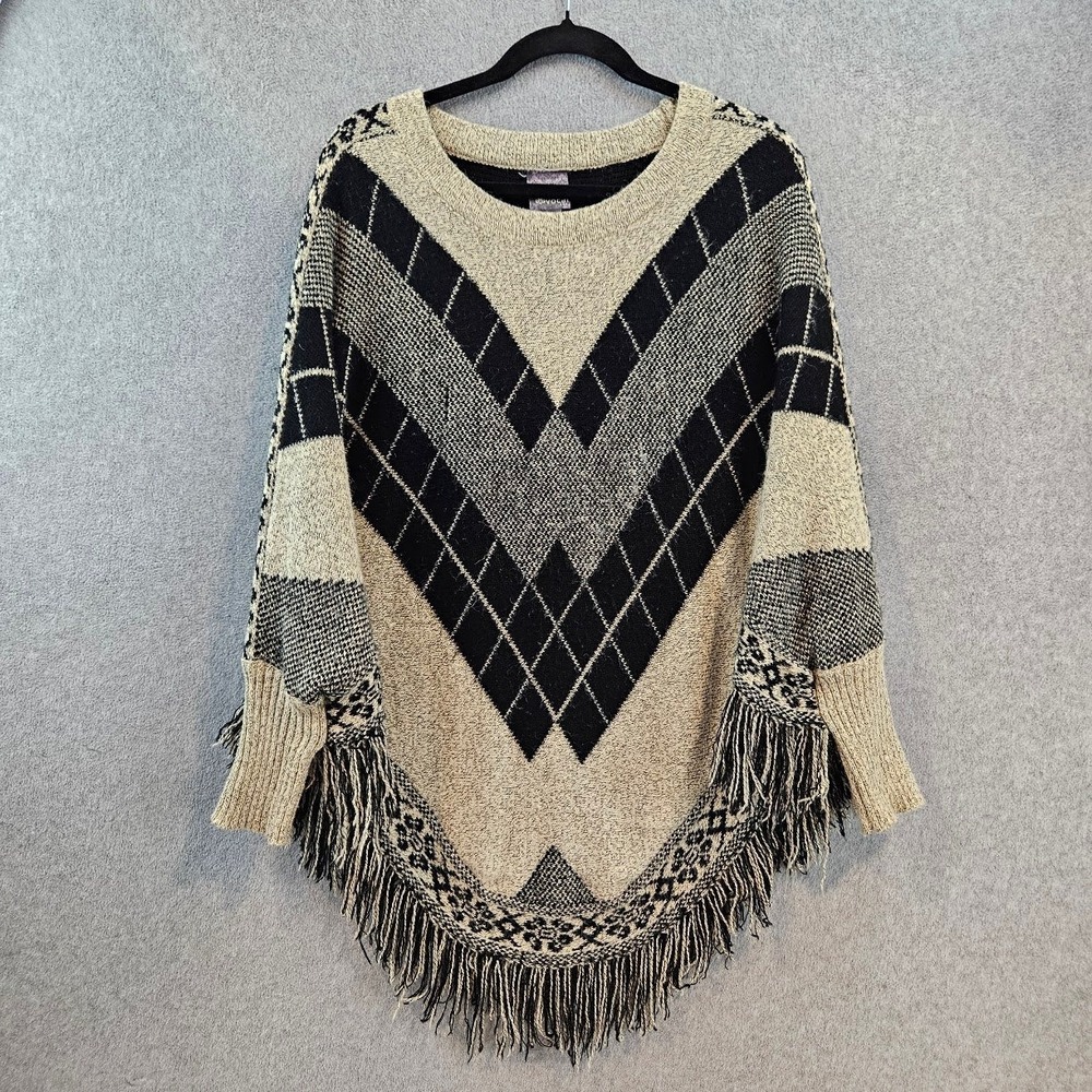 VOCAL USA | Women Black Tan Argyle Knit Fringe Poncho Sweater